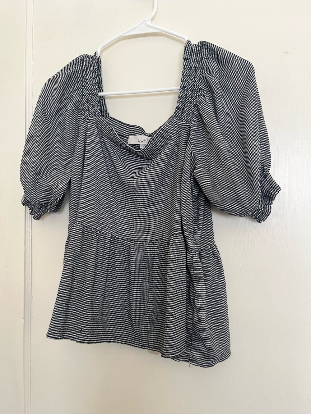 LOFT Black and White gingham Puff-Sleeve Peplum Blouse